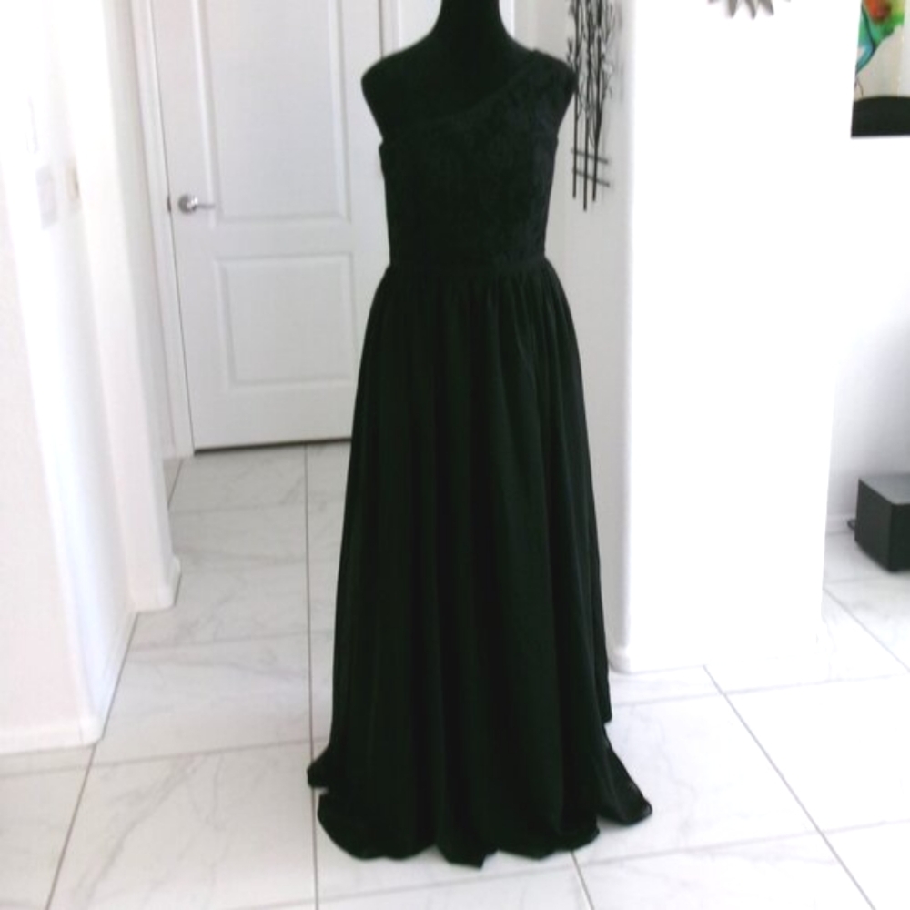 New Black One Shoulder Chiffon Gown Formal Dress M 6 S 4 Lace Top Formal - Picture 4 of 15